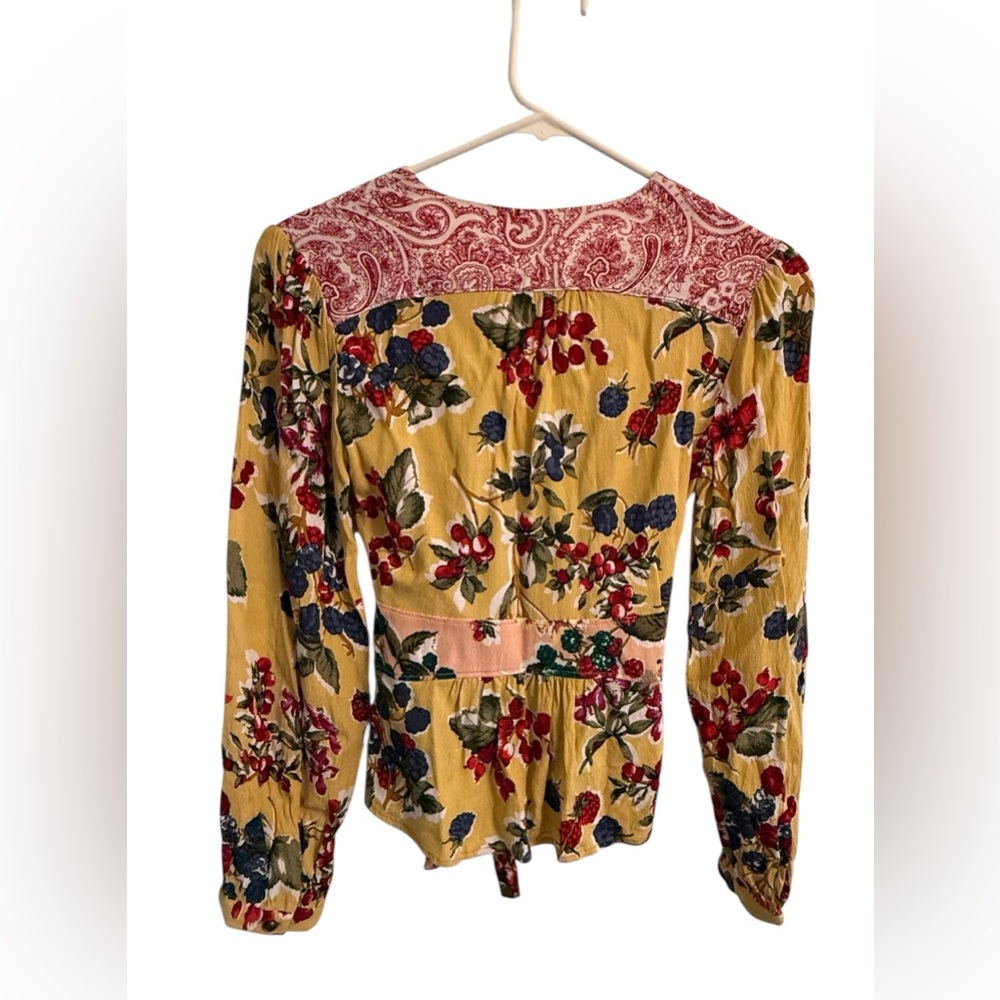 Anthropologie Meadow Rue Floral Patchwork Wrap Blouse - Yellow, Pink, Black - Picture 8 of 16